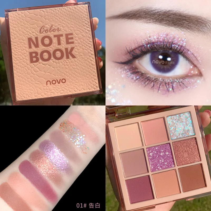 NOVO Notebook Pearl Sequins Shimmer Eyeshadow Palette Glitter Matte Eye Shadow Powder Waterproof Nude Eyes Cosmetics 9 Colors NOVO Notebook Pearl Sequins Shimmer Eyeshadow Palette Glitter Matte Eye Shadow Powder Waterproof Nude Eyes Cosmetics 9 Colors