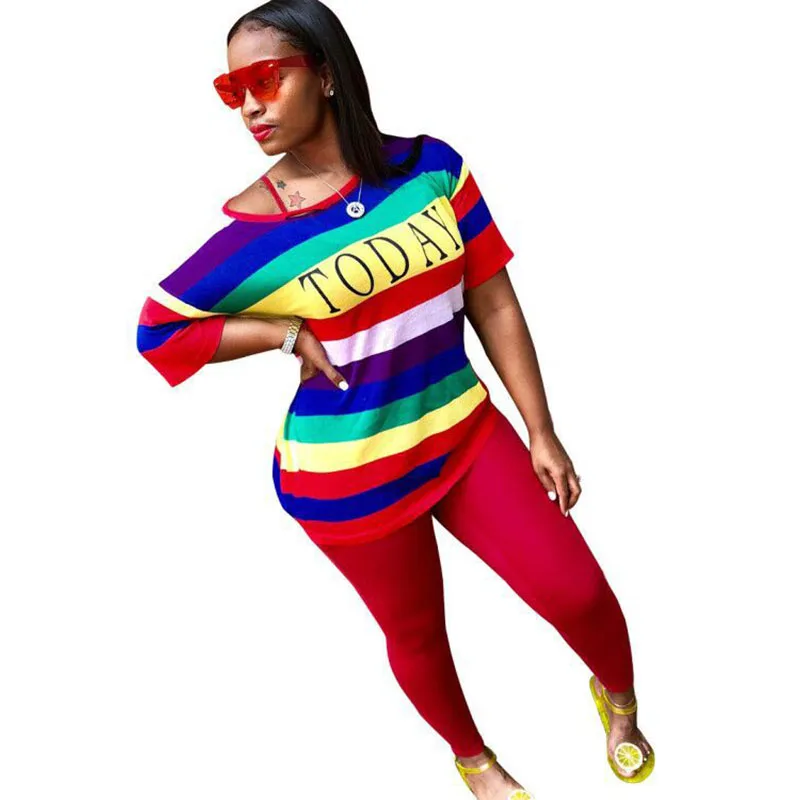 

2020 Dashiki Africa Clothing 2 Two Piece Set Women Suit Africaine Print Bodycon Dress Rainbow Letter Tops +Pants African Clothes