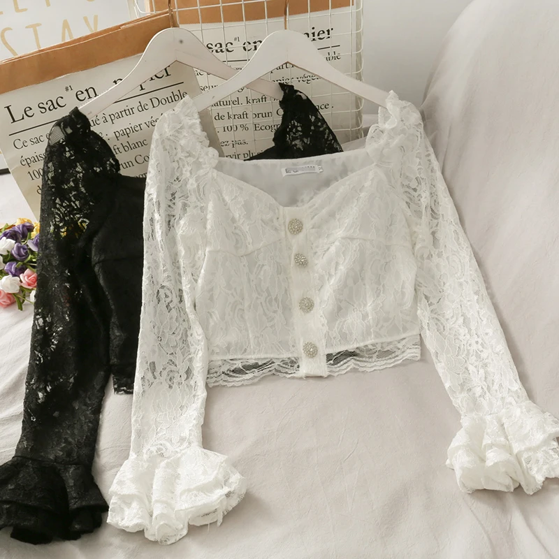 

Womne's Shirt 2020 Summer Autumn Short Lace Blouse All-match Lace Shirt Female Bell Sleeve Slim-Fit Small Shirt Blusas Femme