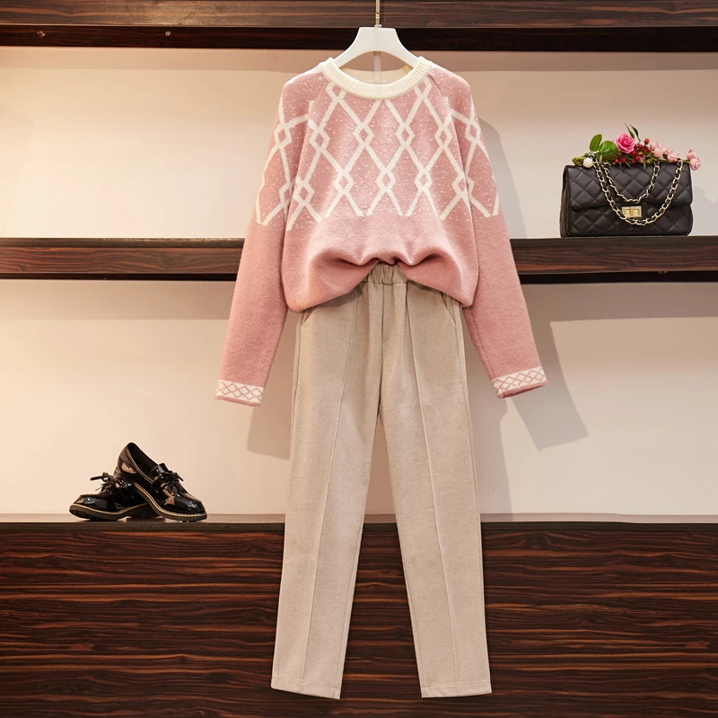 

High Quality Women Sweater Two Piece Knitted Sets Chic Pullover Crewneck Long Sleeve Top Woolen Pants Tracksuit 2020 Fall Plus S