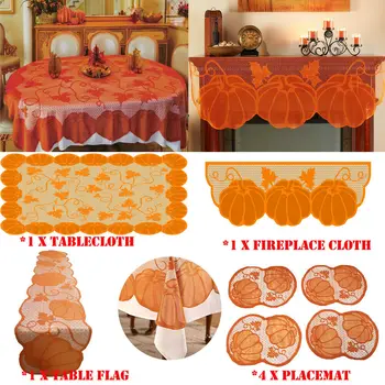 

Pumpkin Maple Leaf Lace Table Runner TableCloth Fireplace Cover Cloth Fall Halloween Thanksgiving Day Party Set