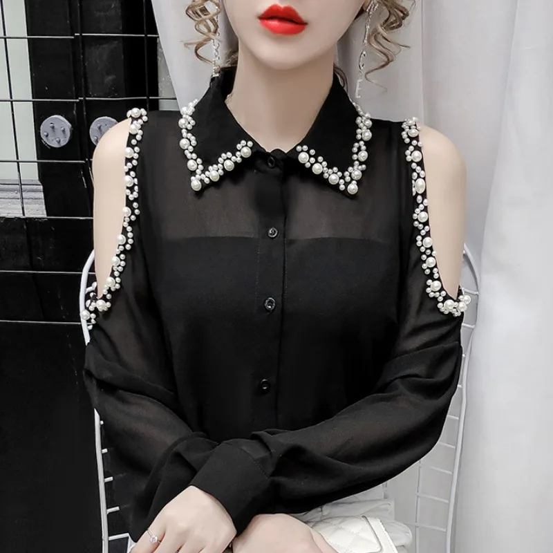 Women White Blouses Button 2020 summer Long Sleeve Shirt Female Sexy off-shoulder beaded Chiffon Women's Casual Clothing Autumn 3