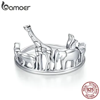 

bamoer Protection Animal Finger Rings for Women 925 Sterling Silver Elephant and Bear Band Jewelry Unisex Gift SCR656