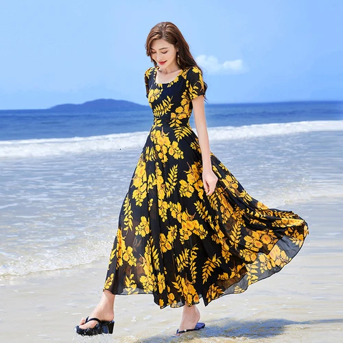 

2019 New Summer Maxi Dresses For Women Printed Large Size Flowers Chiffon Beach Style Fit And Flare Print O-neck Casual Dress