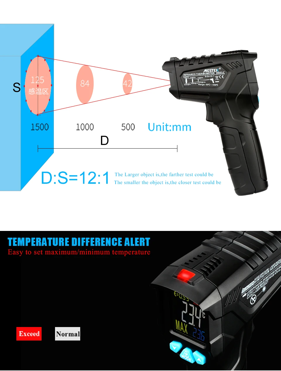 MESTEK цифровой инфракрасный термометр-50~ 800C лазерный температурный пистолет Красочный ЖК-дисплей с сигнализацией температуры окружающей среды измеритель влажности