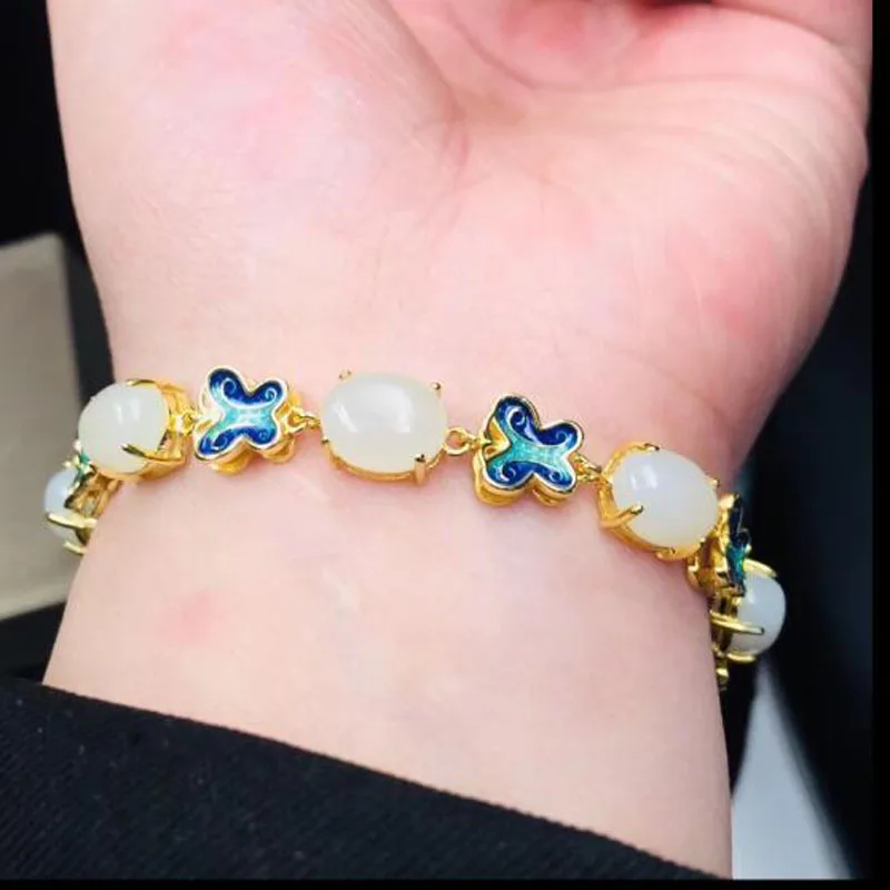 925 Sterling Silver HeTian White Jade Butterfly Gold Chain Decoration Lucky Bracelet For Women Fine Jewelry