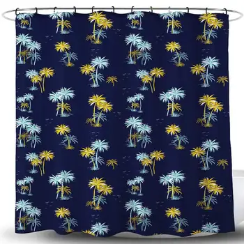 

Palm Tree Decor Shower Curtain, Modern Hawaii Tropical Teal Yellow Trees Nature Art Print Bath Curtain, Blue Print Fabric