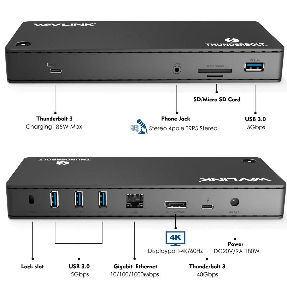 Док станция Wavlink Thunderbolt 3 4K @ 60 Гц USB 0 85 Вт|Док-станции для ноутбуков| |