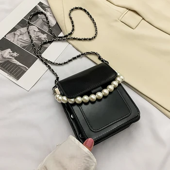 

Fashion Women Pearl Totes Crossbody Bag PU Leather Chain Satchel Solid Color Female Outdoor Travel Shoulder Messenger Handbags