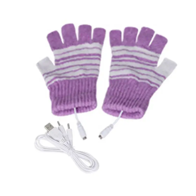 Purple Для женщин и мужчин с питанием от USB перчатки без пальцев с подогревом моющиеся трикотажные полосатые компьютерный трансформер рукавицы зимние уличные руки теплые - Цвет: Purple