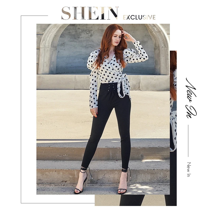 SHEIN x Madelaine белая блузка в горошек с длинными рукавами и бантом, Женская Осенняя блузка с v-образным вырезом, элегантные топы и блузки