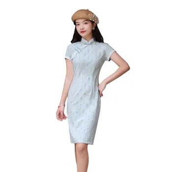

Shanghai Story Blend Cotton Short Sleeve Chinese Style Dress Cheongsam Print Qipao For Women