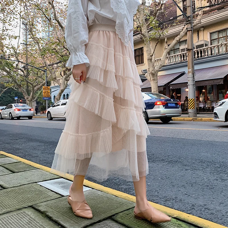 

Slimming Spring INS Pleated Irregular Joint Gauze Fairy Mid-length Skirt