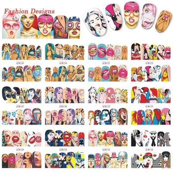

12 Designs/Sets Women Mixed Nail Art Decorations New Fashion DIY Full Stamp Nail Sticker Decals Watermark Tips TRBN385-396