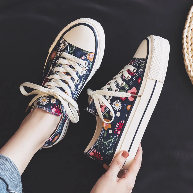 Canvas Shoes Flowers Platform Pink Sneakers Floral Korean-Style Summer Women Casual All-Match