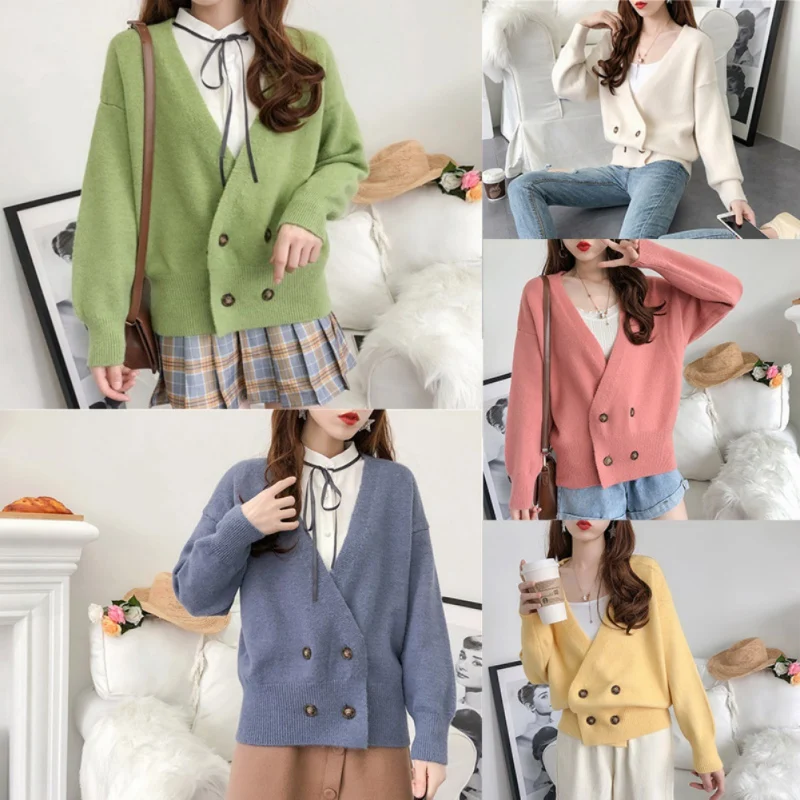 Korean Style Spring Autumn Sweet Loose Lazy Wind Button Knit Cardigan Pocket Jumper Sweater Long Lantern Sleeve Coat Women