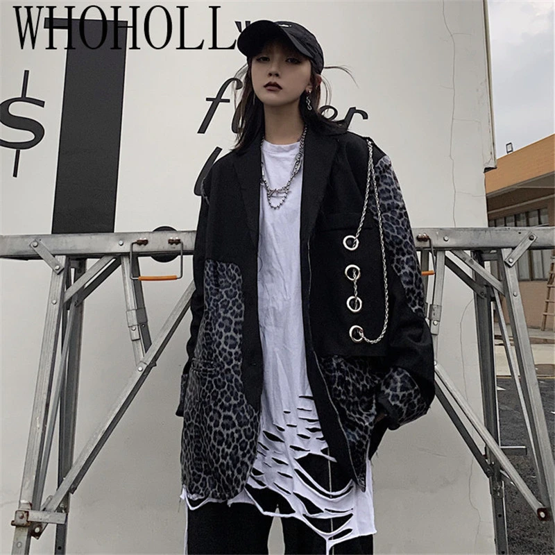

Autumn Women's Top Korean Blazer Suit Style New Leopard Stitching Chain Ins Loose Long Sleeve Suit Street Coat Blazer Suit