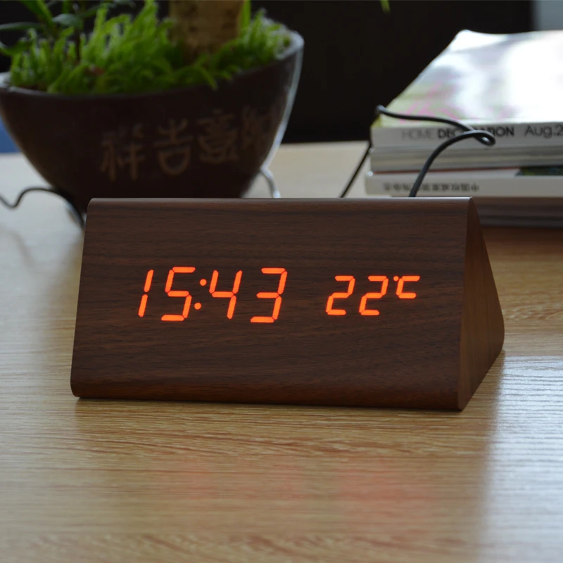 FIBISonic® Wood Electronic Desk Clock Digital LED Alarm Sounds Control 
