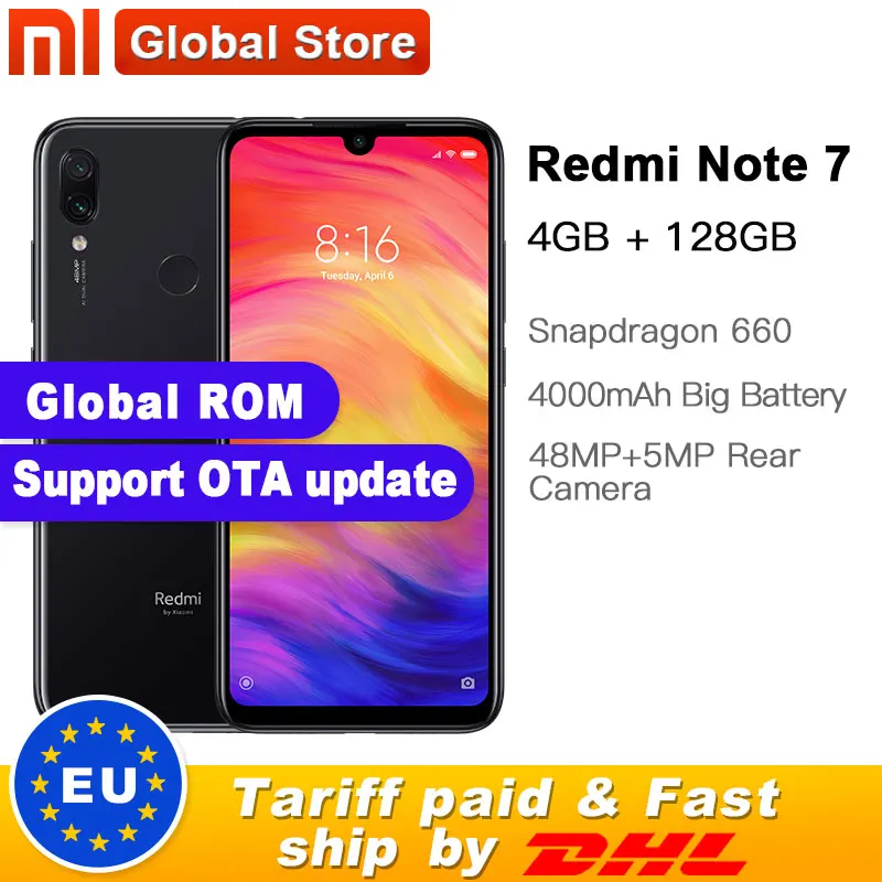 Xiaomi Redmi Note 7 с глобальной прошивкой, 128 Гб ПЗУ, 4 Гб ОЗУ, мобильный телефон S660, четыре ядра, 4000 мАч, 6,3 дюйма, 2340*1080, 48 Мп+ камера 13 МП, смартфон