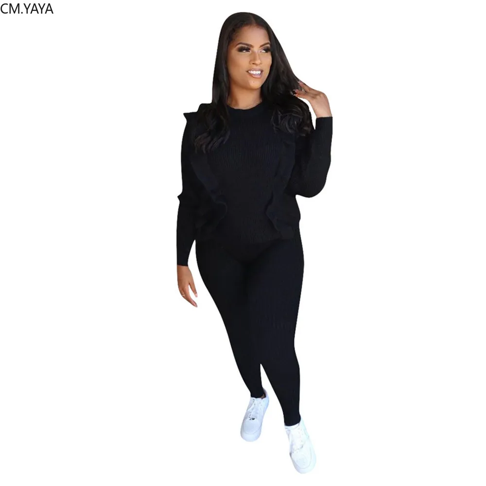 

2019 Autumn Knitted Women's set ruffles splicing sweater pencil pants suit two piece set vintage classic tracksuit outfit GL6210