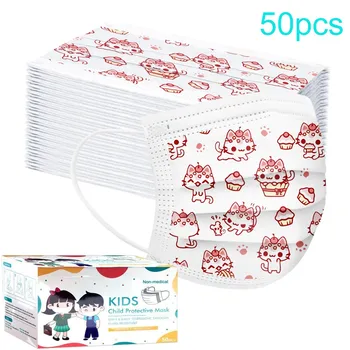 

50Pcs Kids Disposable Face Mask Cute Cartoon Cat Print Non-Woven 3 Layer Face Masks For Germ Protection Mascarillas Flag Bandana