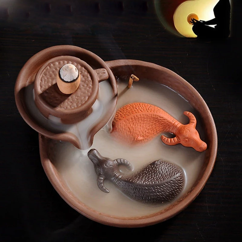 Purple Clay Smoke Backflow Incense Burner Sticks Holder Cone Lucky 2 Cattles Living Tea Room Smell Removing Tool Cense Burner