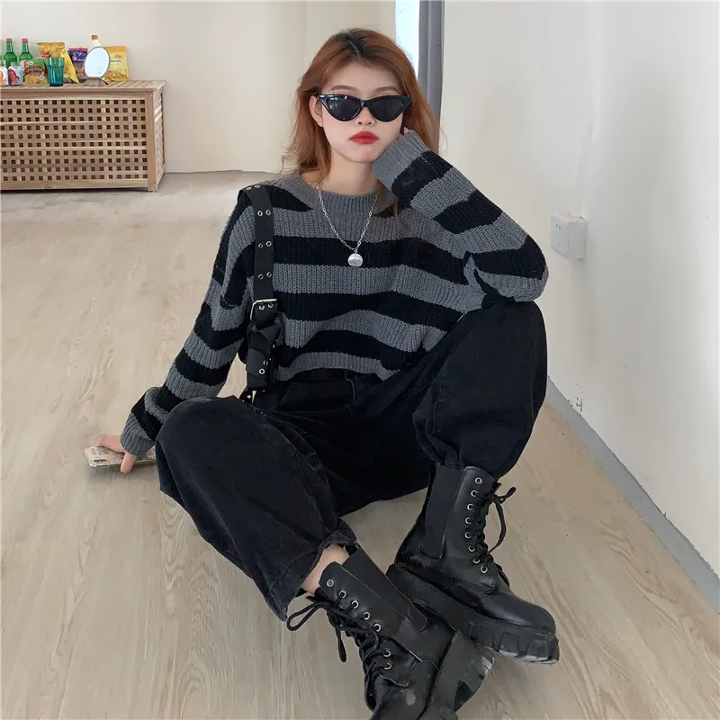 Women Gothic black Gray Vintage Short Autumn Y2K Knit Sweaters Fashion Streetwear Crop Loose Pullovers Female Casual Sexy Tops | Женская