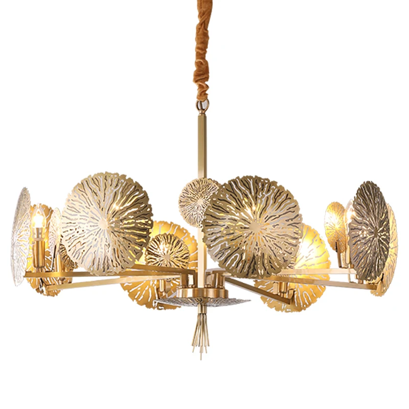 

BOTIMI Modern Luxury Full Copper Chandelier For Living Room Lotus Leaf Shape Hollow Out Art DECO Bedroom Lamp Hotel Lighting