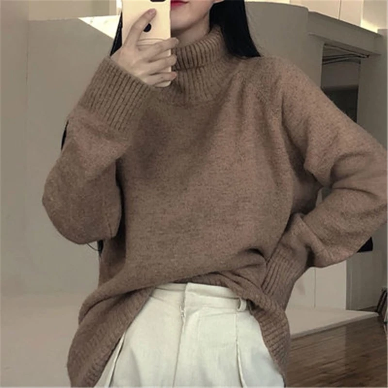 

Cashmere Turtleneck Knitted Sweater Women Fall Winter Minimalist Casual Loose Sodt Warm Knitted Pullover Solid Jumpers Lady Top