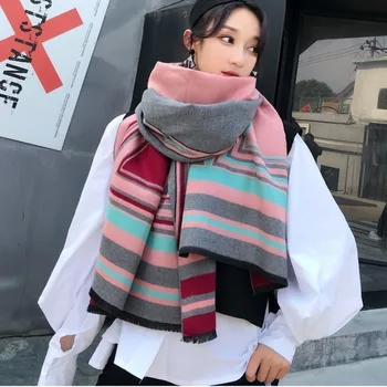 

Korea 2020 Autumn Winter New Double Sided Geometry Large Size For Women Warm Thickening Shawl Scarf M0019