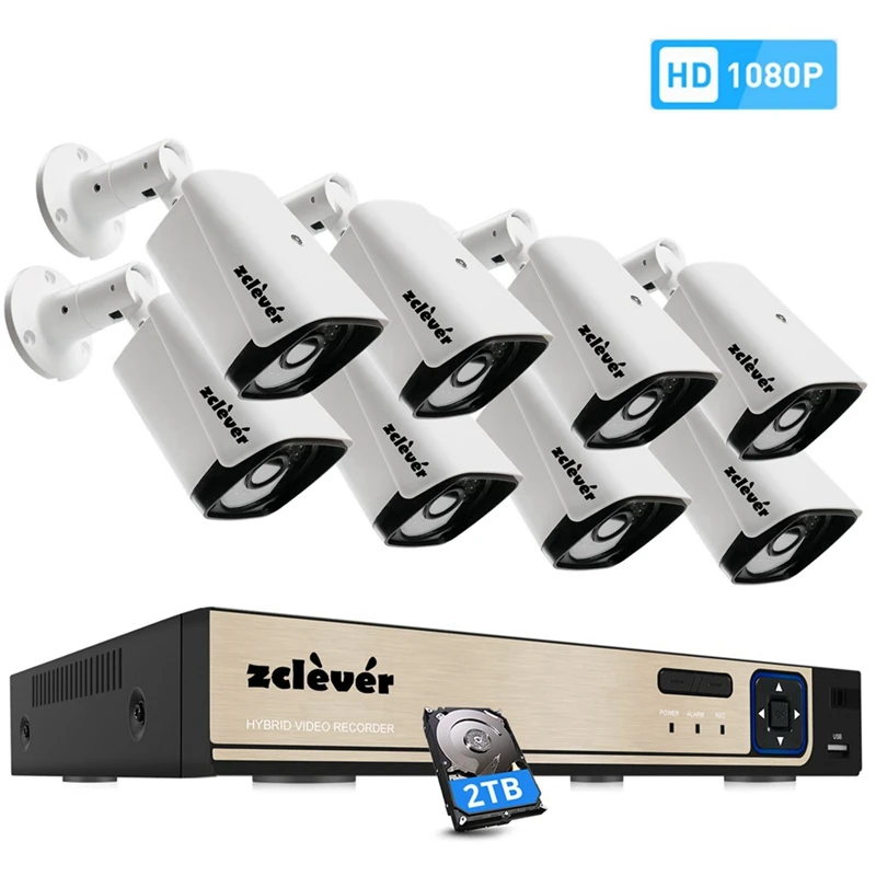 Zclever 1080P 8CH Home Video Surveillance Kit 1080N CCTV DVR and 8pcs 2.0MP Weatherproof IP66 Bullet Cameras Motion Detection |