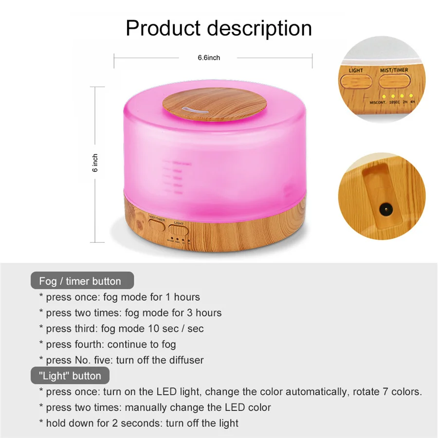 500ML Aromatherapy Diffuser Air Humidifier with LED Night Light for Home Room Ultrasonic Cool Mist Aroma Essential Oil Diffuser