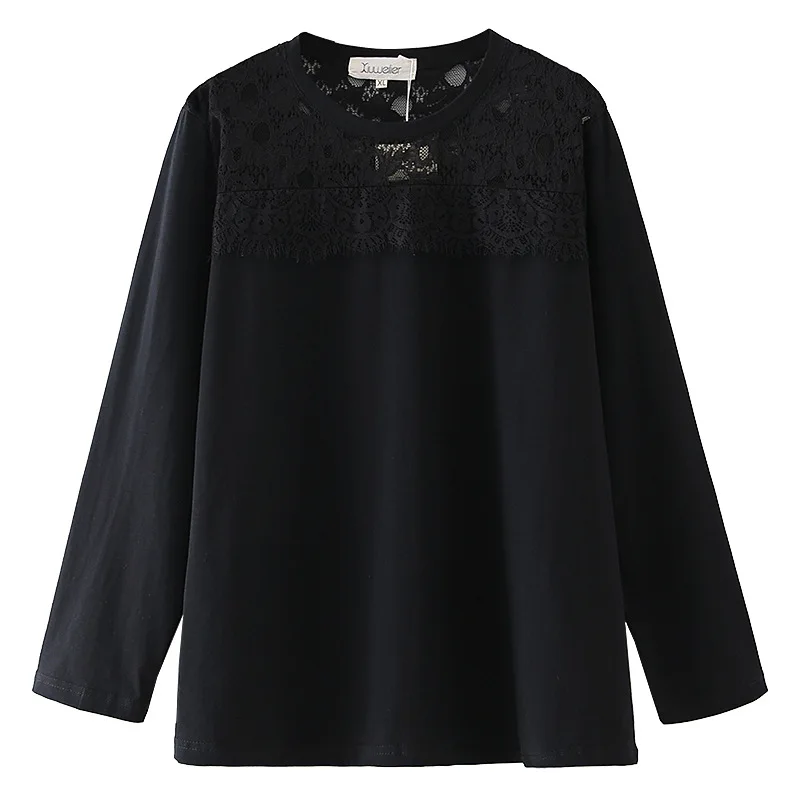 

Woman Autumn T-shirt Ladies Solid Tops Female Long Sleeve Tshirt Loose Lace O-neck Plus Size Clothing G56817
