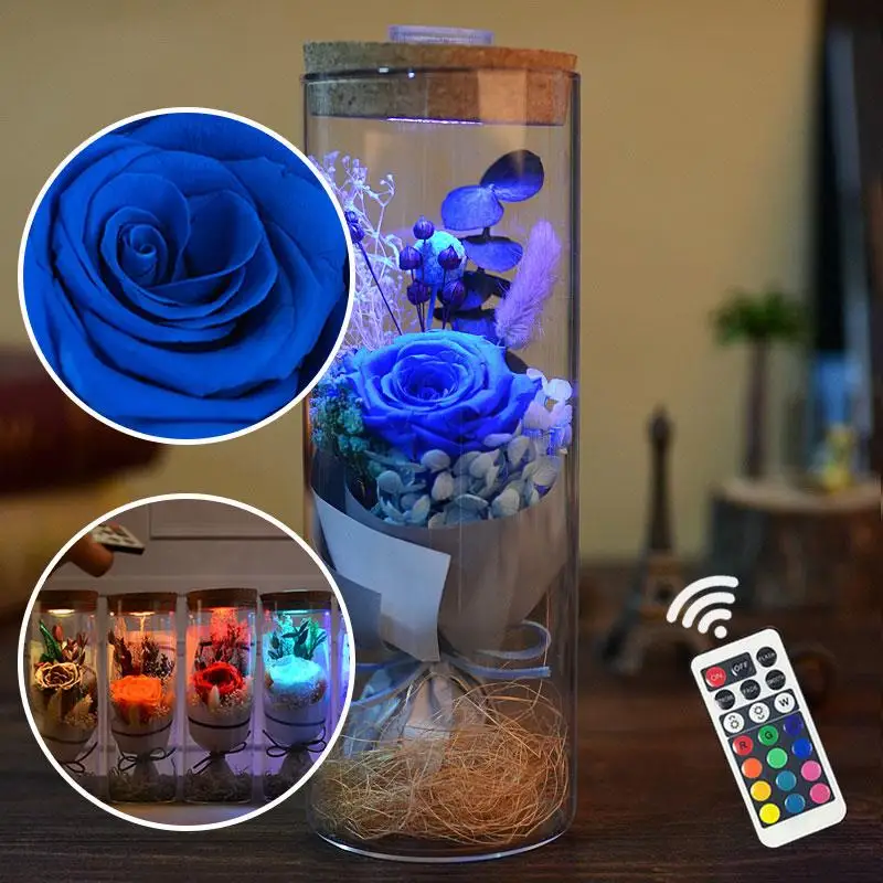 

Rose Glass Cover Preserved Fresh Flower Floral Decor Forever Rose Flower Eternal Glitter Beautiful Luminous 5 Color LED Wedding