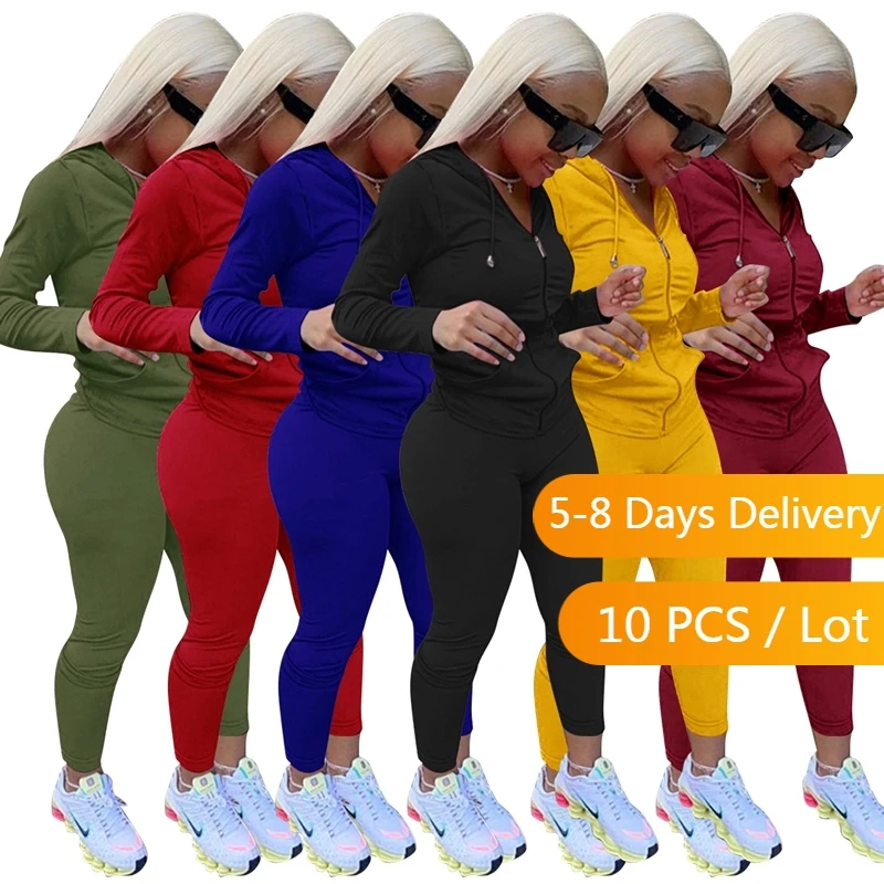 

Bulk Item Wholesale Lots Casual Tracksuit Women Fall Clothes Solid Two Piece Set Sportswear Hooded Jacket Top and Pants Set 2022