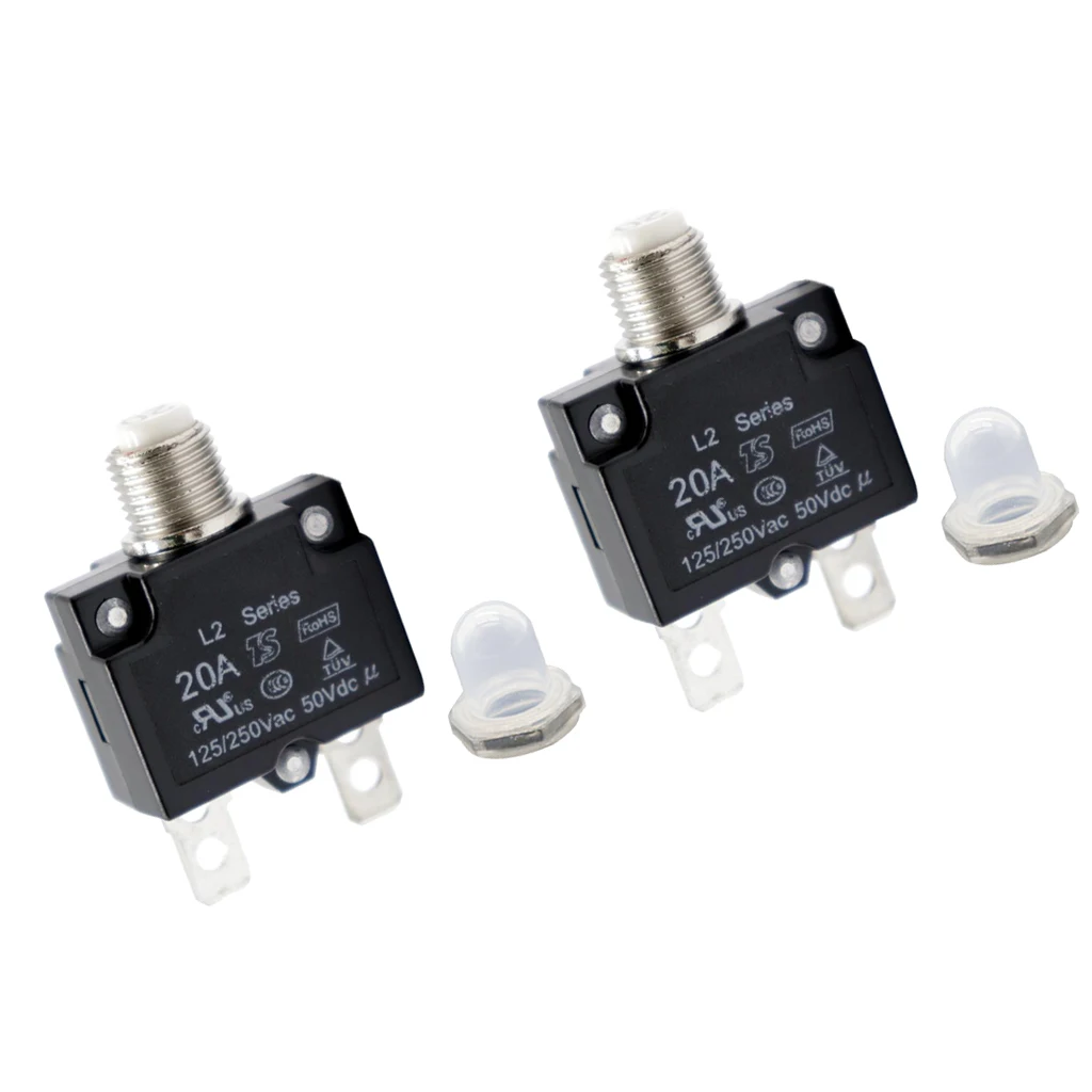 2 Pieces 20 Amp Push Button Circuit Breakers with Waterproof Button Transparent Cover, DC 50V AC 125-250V