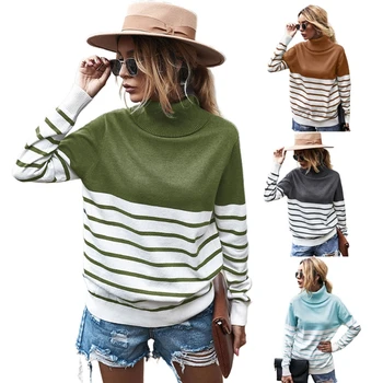 

Women Autumn Long Sleeve Knitted Sweater Turtleneck Color Block Stripes Pullover Tops Casual Loose Ribbed Trim Jumper