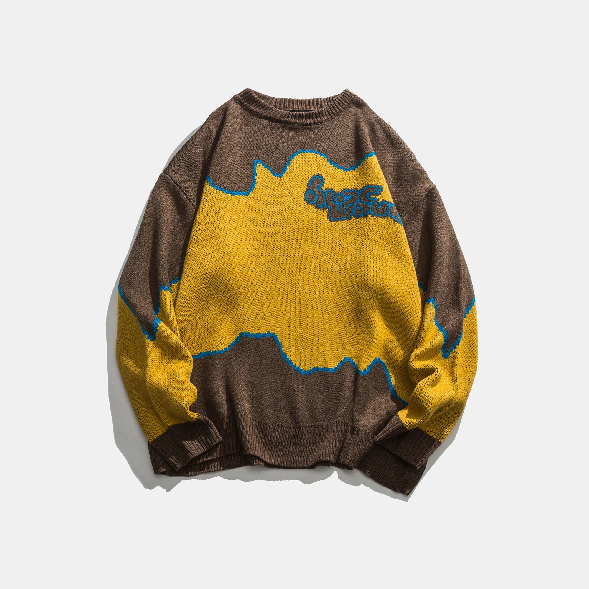 

2021 autumn and winter American loose stitching color round neck casual pullover sweater men
