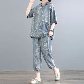 

Female new summer plus size korean style fashion casual printed retro distressed tencel loose denim suit
