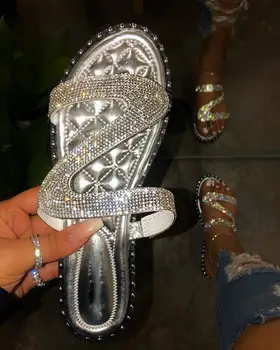 

Summer Woman Flat Slippers Rhinestone Woman Transparent Slides Female Open Toe Flip Flops Women's Beach Shoes Silver Golden