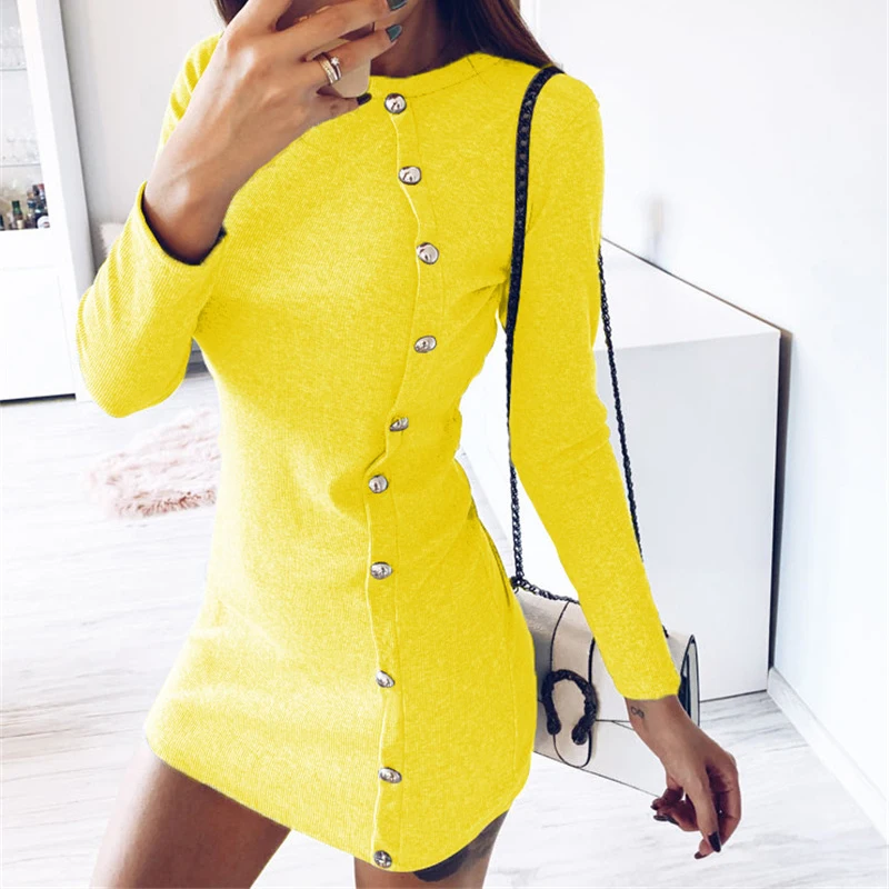 

Elegant Mini Short Solid Button Long Sleeve Casual Autumn Winter Dress Women Vestidos Dropshipping SJ4291F