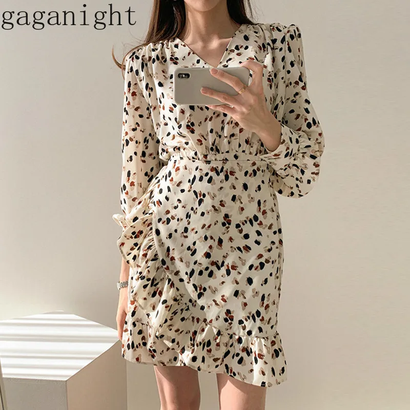 

Gaganight Chiffon Vintage Women Short Ruffels Dress Long Sleeve V Neck Chic New Spring Summer Dresses Female Slim Elegant Robe