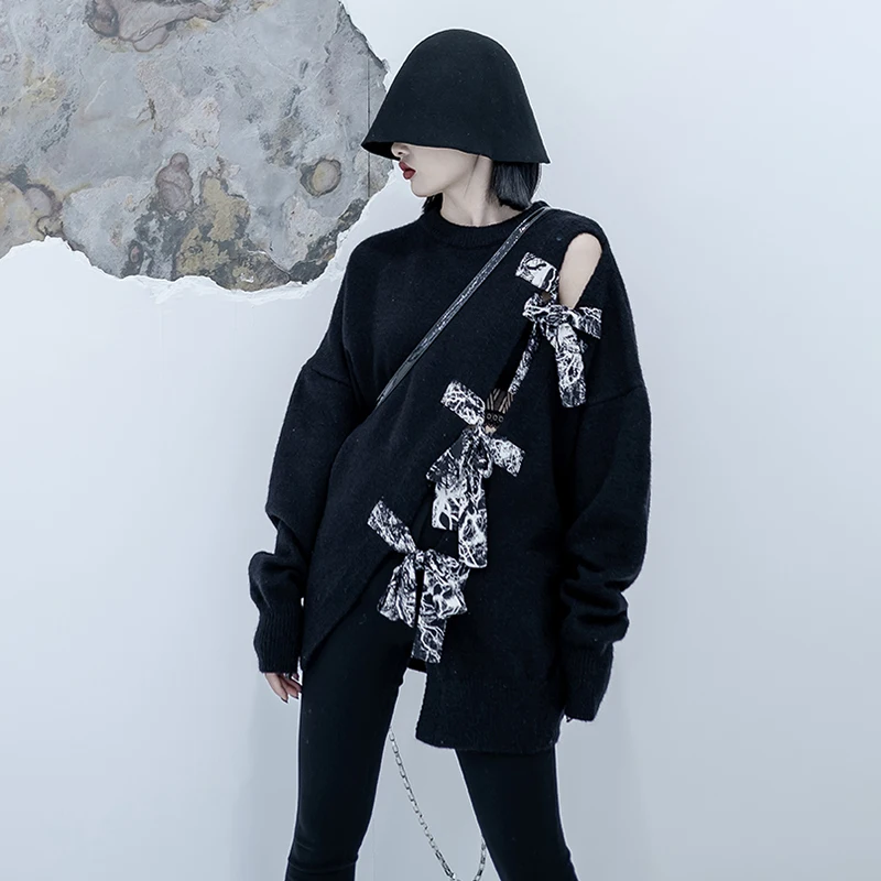 [EAM] Bow Big Size Knitting Sweater Loose Fit