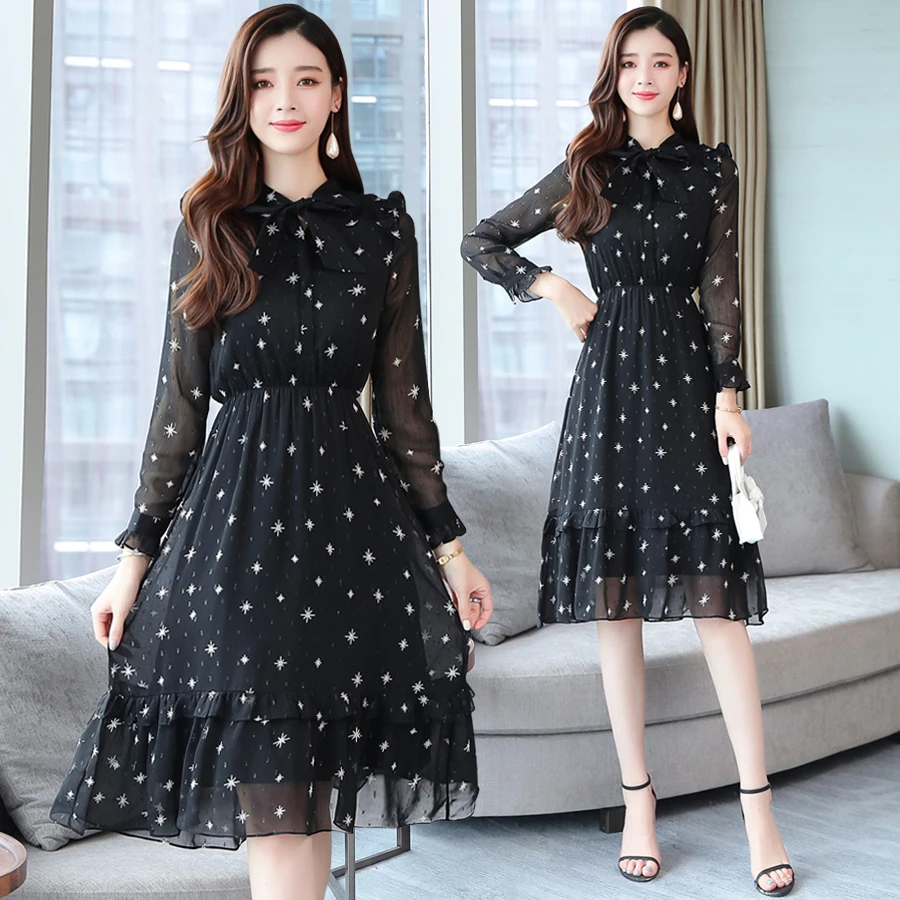 

Autumn Spring Print Black Lady Dress Female Midi Slim Elegant Party Casual Dress Vintage Long Sleeve Korean Runway Vestidos New