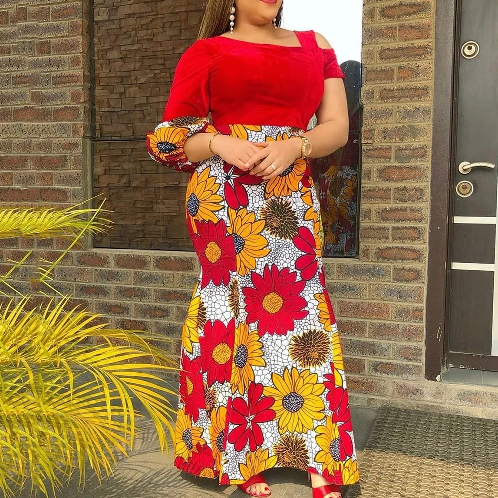 

Floral Print African Mermaid Long Dress Women Elegant Plus Size Prom Party Dresses Red Patchwork Sexy Bodycon Maxi Sundress