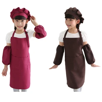 

2set Kids Full Apron Bib Set with Pocket and Hat Sleeves Kitchen Chef Cooking Art Children Diy Apparel Wine Red & Coffee