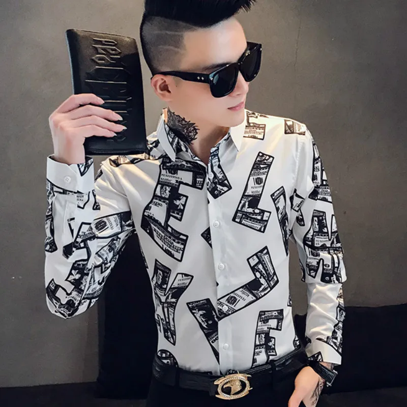 Рубашки мужские платья с длинным рукавом Повседневные рубашки Chemise Homme с буквенным принтом облегающие уличные рубашки мужская одежда