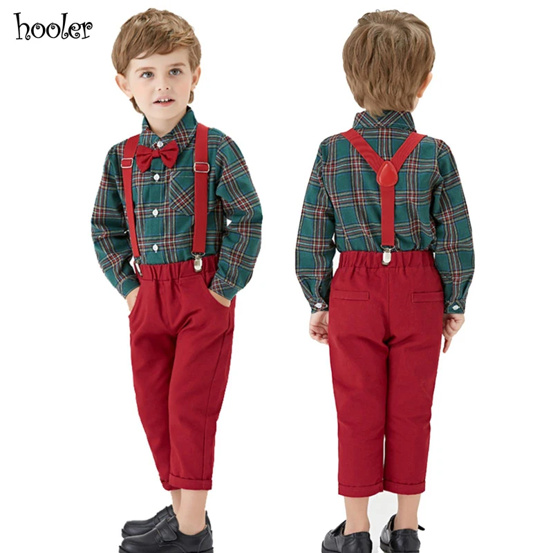 

Spring Cotton Gentleman Baby Boys Clothes Clothing Sets Plaid Long Sleeve Biw tie Shirt Rompers Suspenders Pants деская одежда