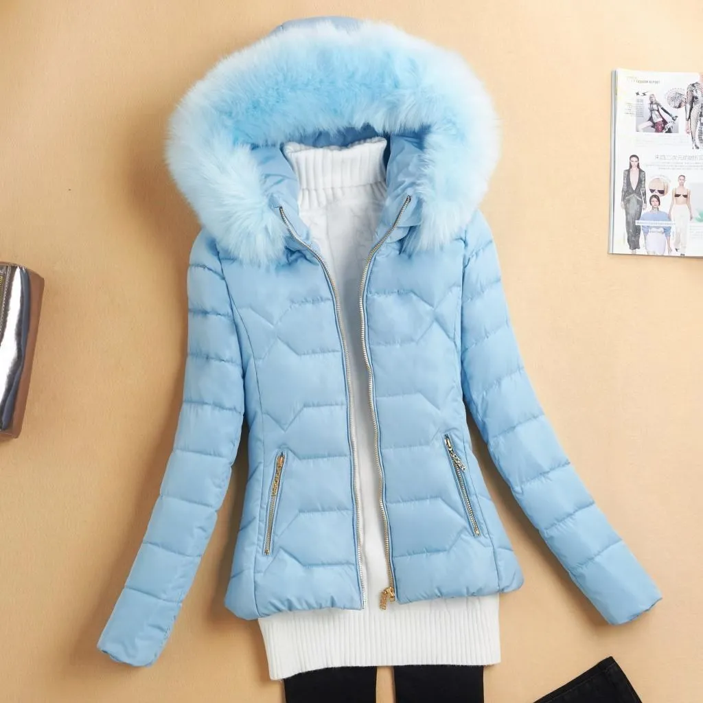 

. 2017 Short Large Thick Winter Slim Fit White Fur Collar down Jacket Women's Slimming plus Velvet Waist Hugging Versatile