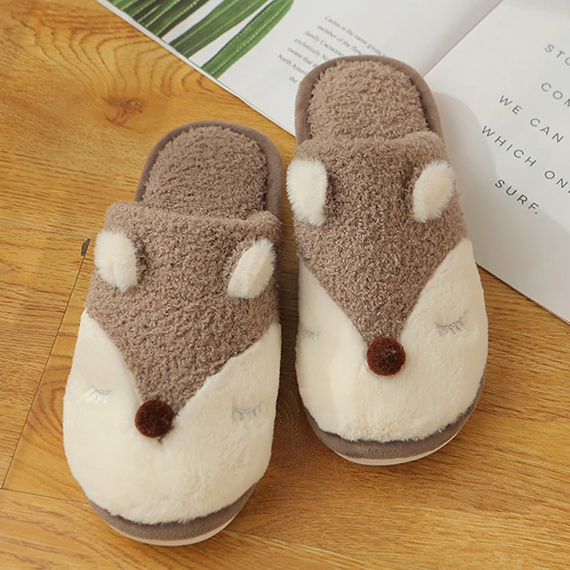 

Woman slippers Winter new warm plush couple cotton drag Home slippers for women Cute little fox pattern female slippers floor